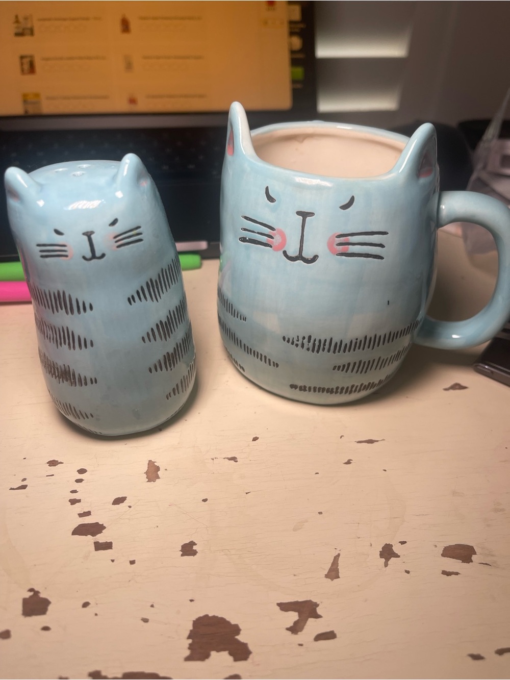 Blue Cat Ceramic Mug and Shaker Set - Cute Cat Design